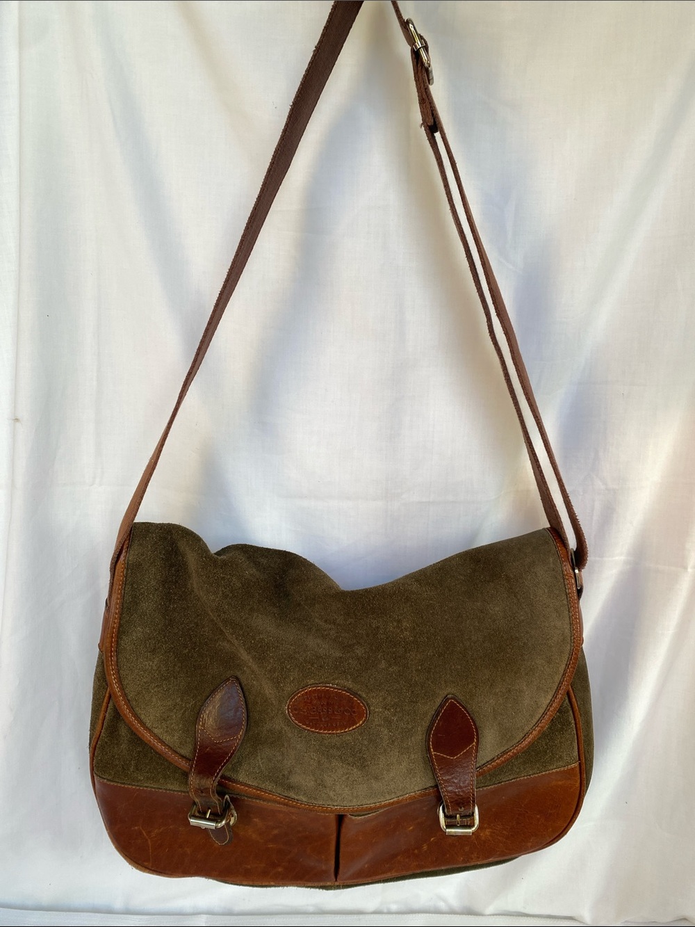 G H Bass Olive Suede and Brown Leather Messenger Bag